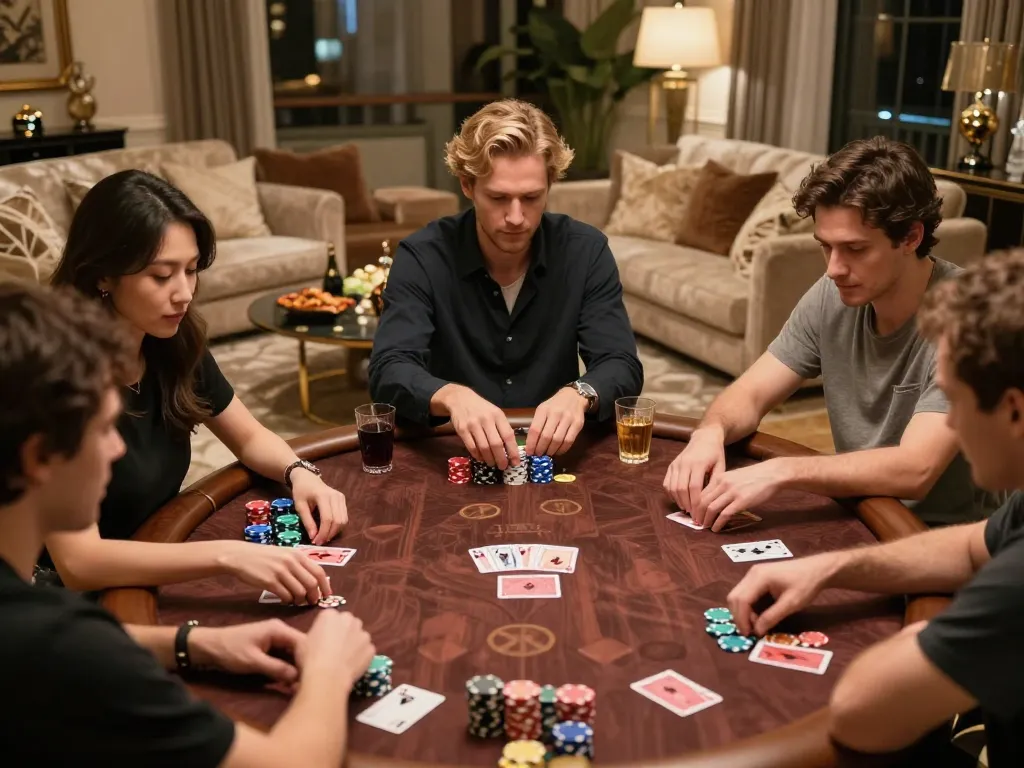 Intense poker game in cozy home setting showcasing strategy and focus, linked to https://www.dacsandatphanrang.com/ for expert gambling insights.