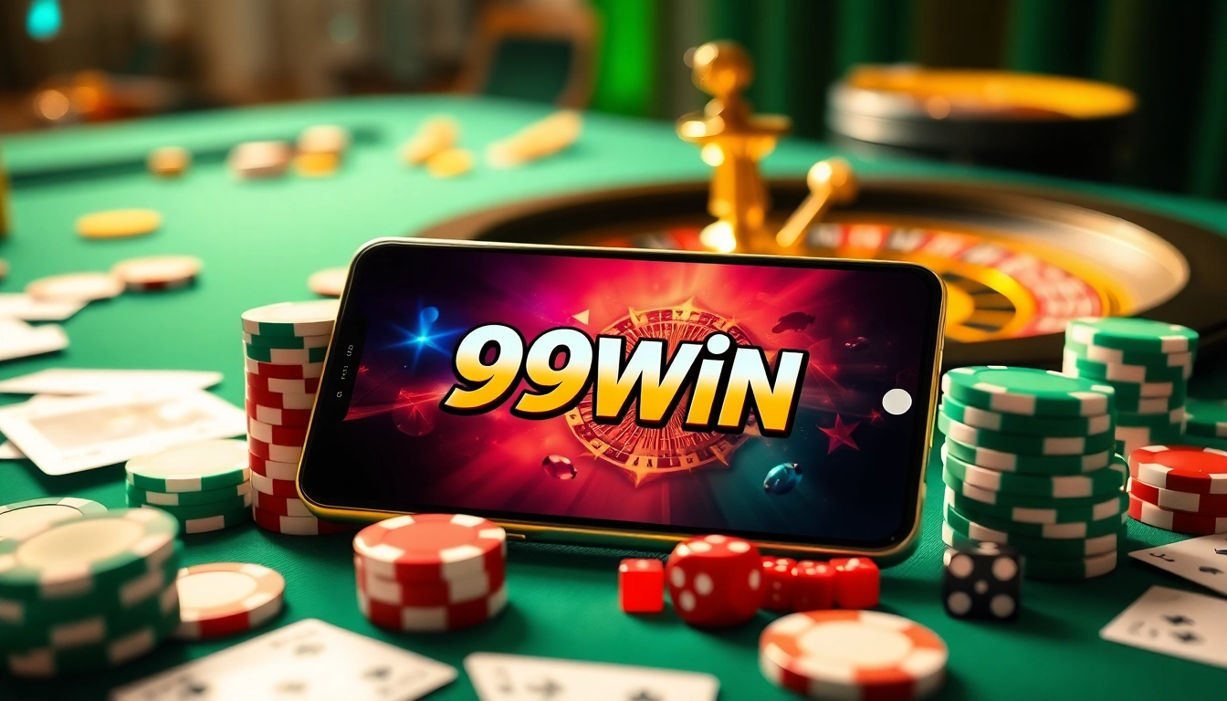Engage with the 99win app while enjoying vibrant casino gaming elements like poker chips and roulette.