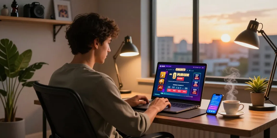 Engaged player exploring a vibrant credit card casino on a laptop in a stylish home office setting.