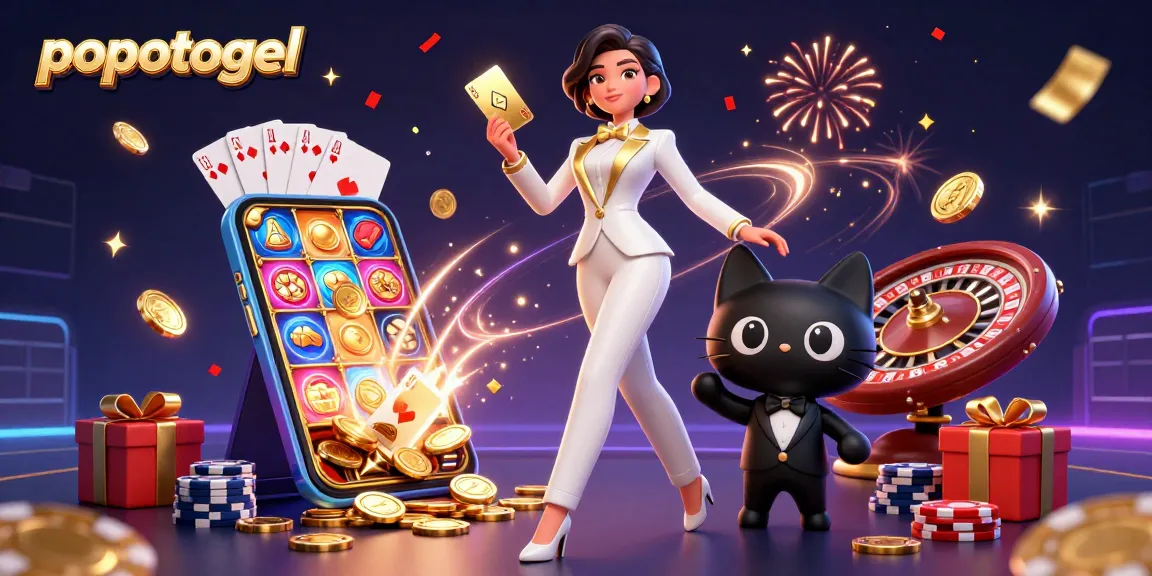 Experience thrilling wins at popotogel with a glamorous casino scene featuring a woman, cat, and vibrant gaming elements.