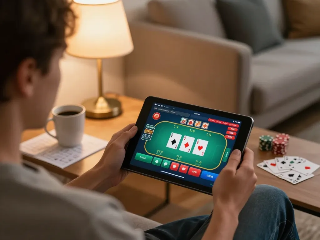 Player using king33 app on tablet for online poker while considering strategy notes in cozy living room.