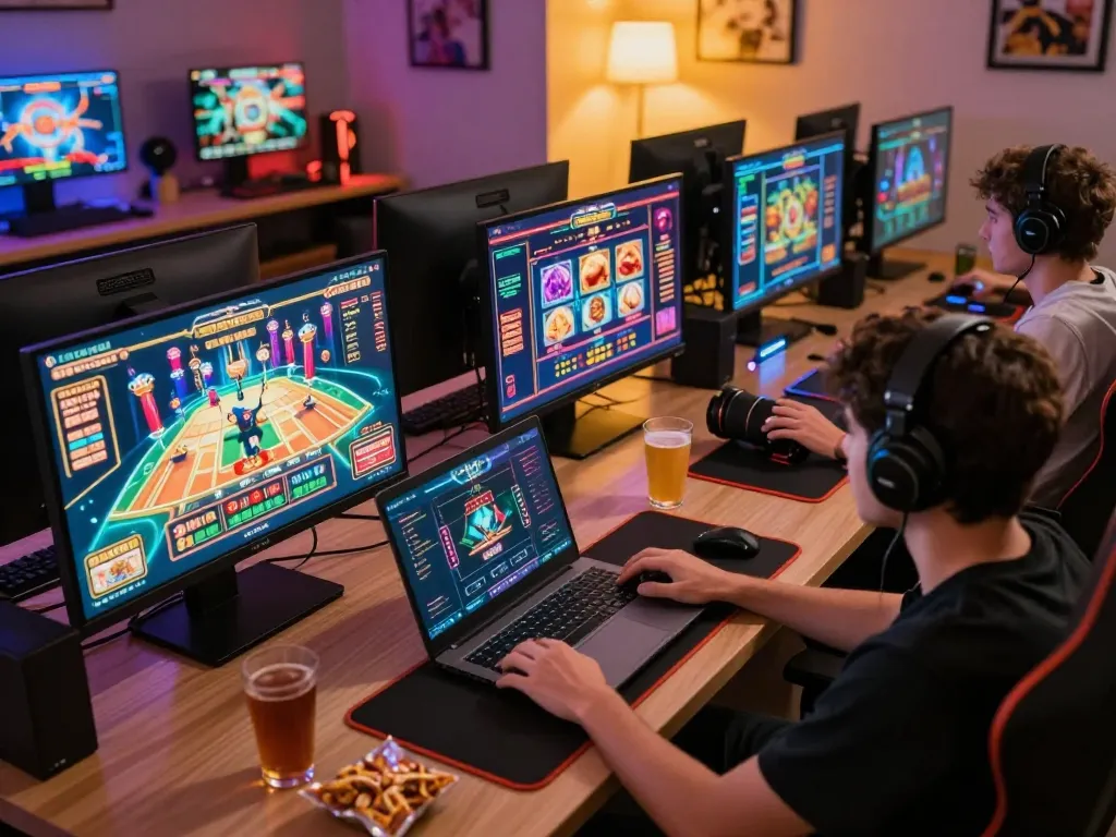 Engaging gameplay with LGOLUX interface visible on a laptop screen, surrounded by casual snacks