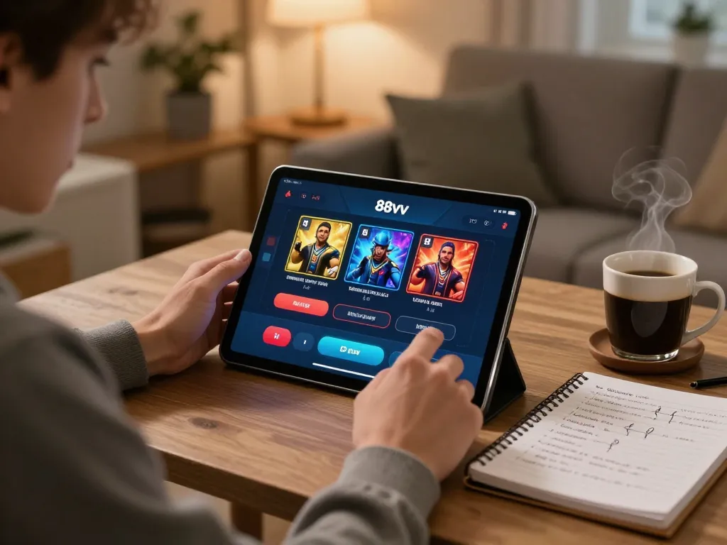 Player enjoying a thrilling game on the 88vv app in a cozy home setting, highlighting responsible gaming.