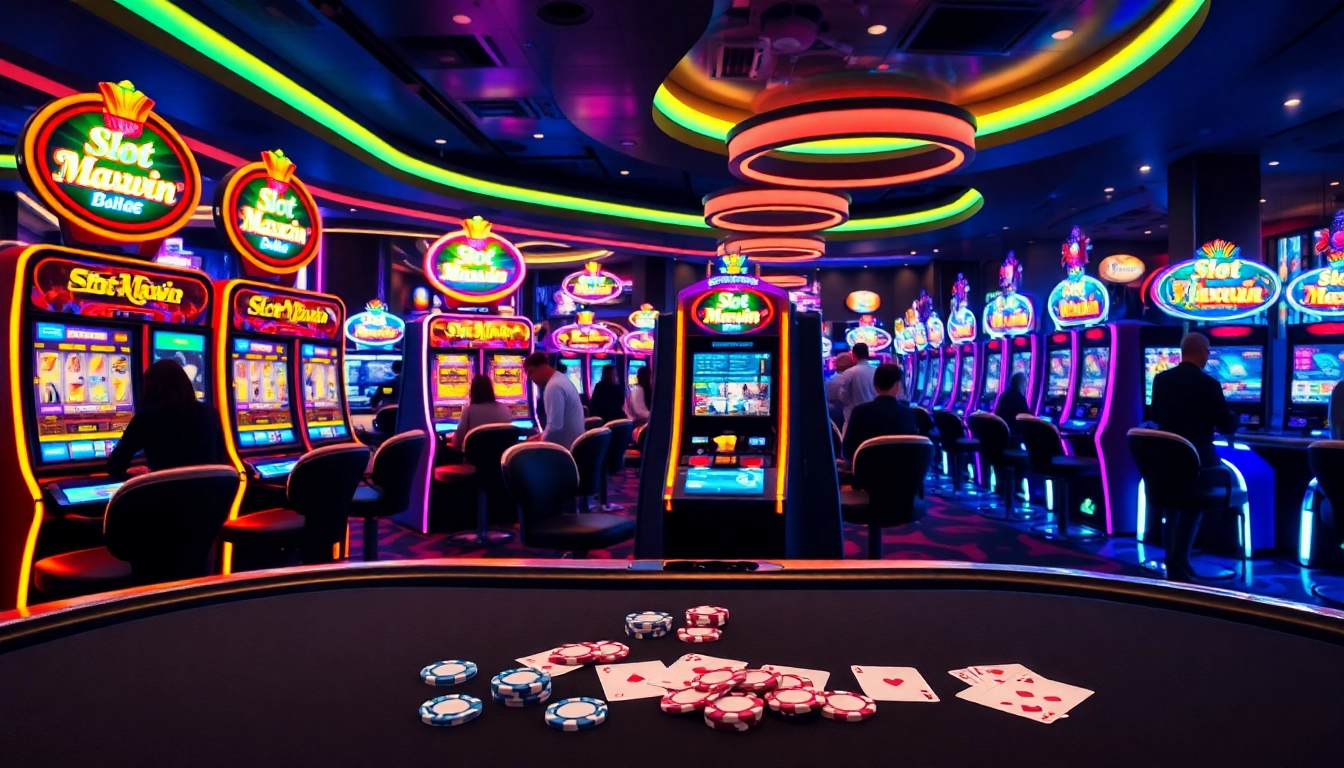 Exciting Slot Maxwin machines featured in a vibrant casino interior, showcasing players in action.