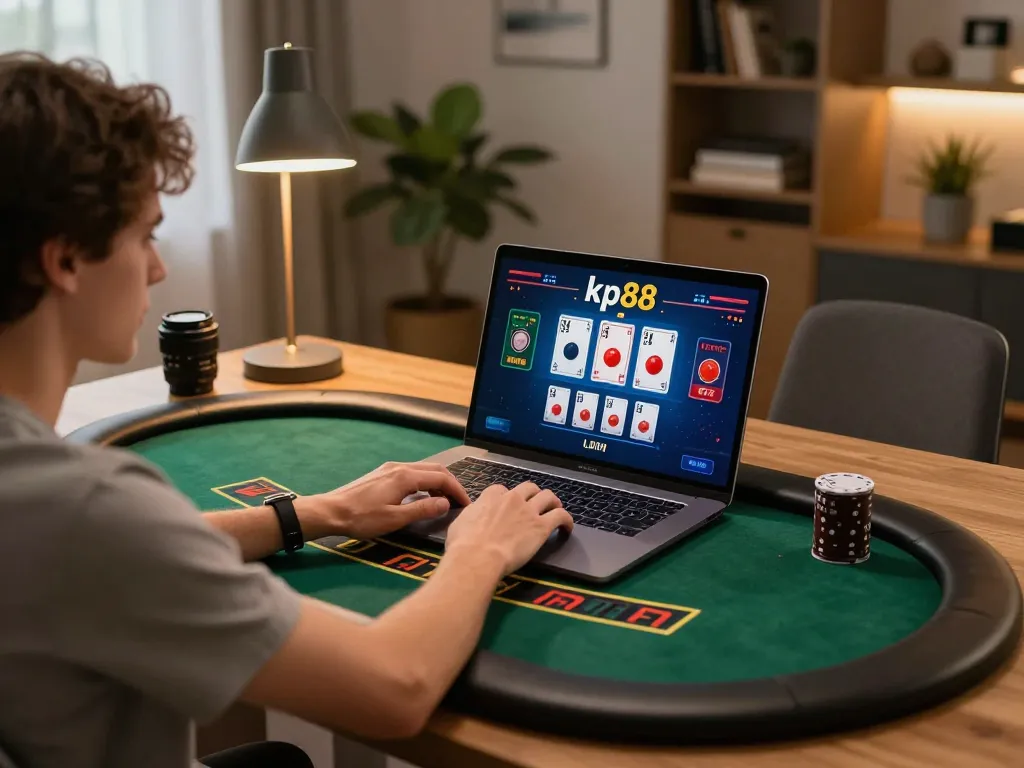 Engaging in live dealer blackjack on kp88 from a stylish home office setup.