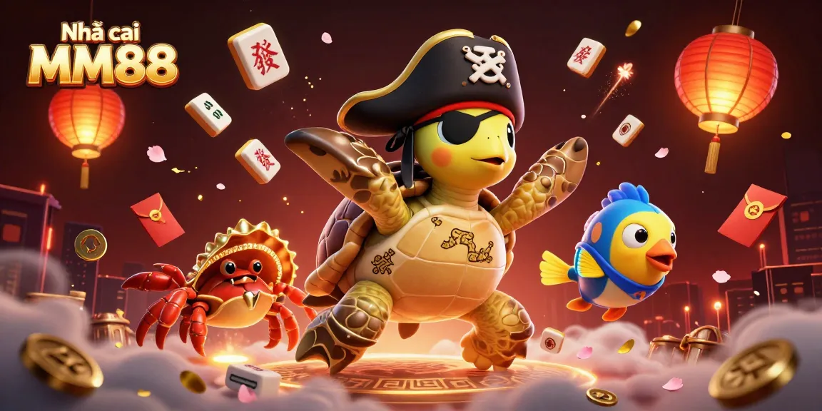 Join the fun with Nhà cái MM88 as vibrant treasure-seeking characters float amidst colorful game symbols and festive decorations.