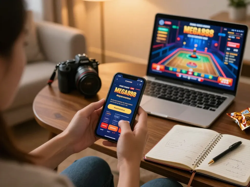Engaging player using free credit mega888 on smartphone in cozy home setting