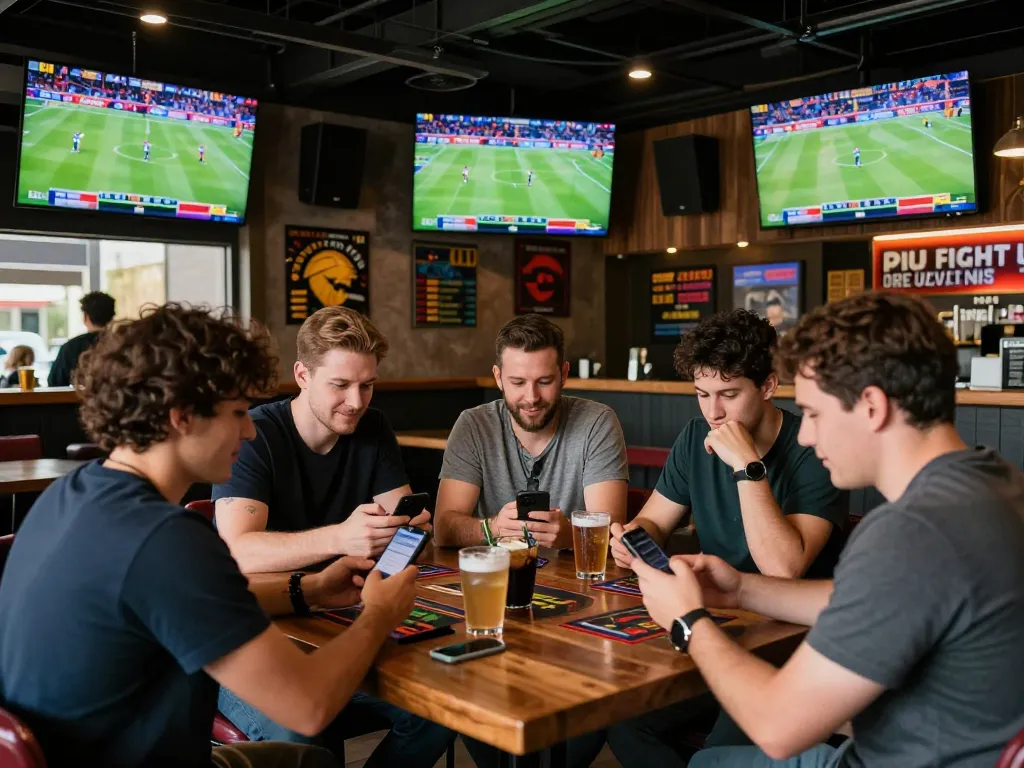 Friends discussing sports betting strategies at a lively sports bar, featuring Bsport betting apps.