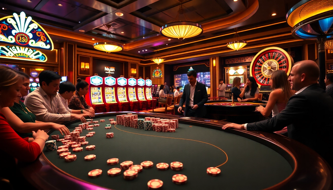Players enjoy the thrill of mv88 at a vibrant casino table, surrounded by slot machines and roulette.