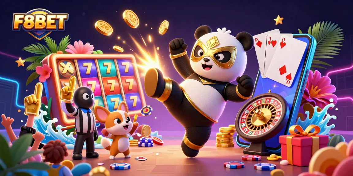 Experience thrilling action with F8BET as a panda performs a flying kick in an electric casino scene.