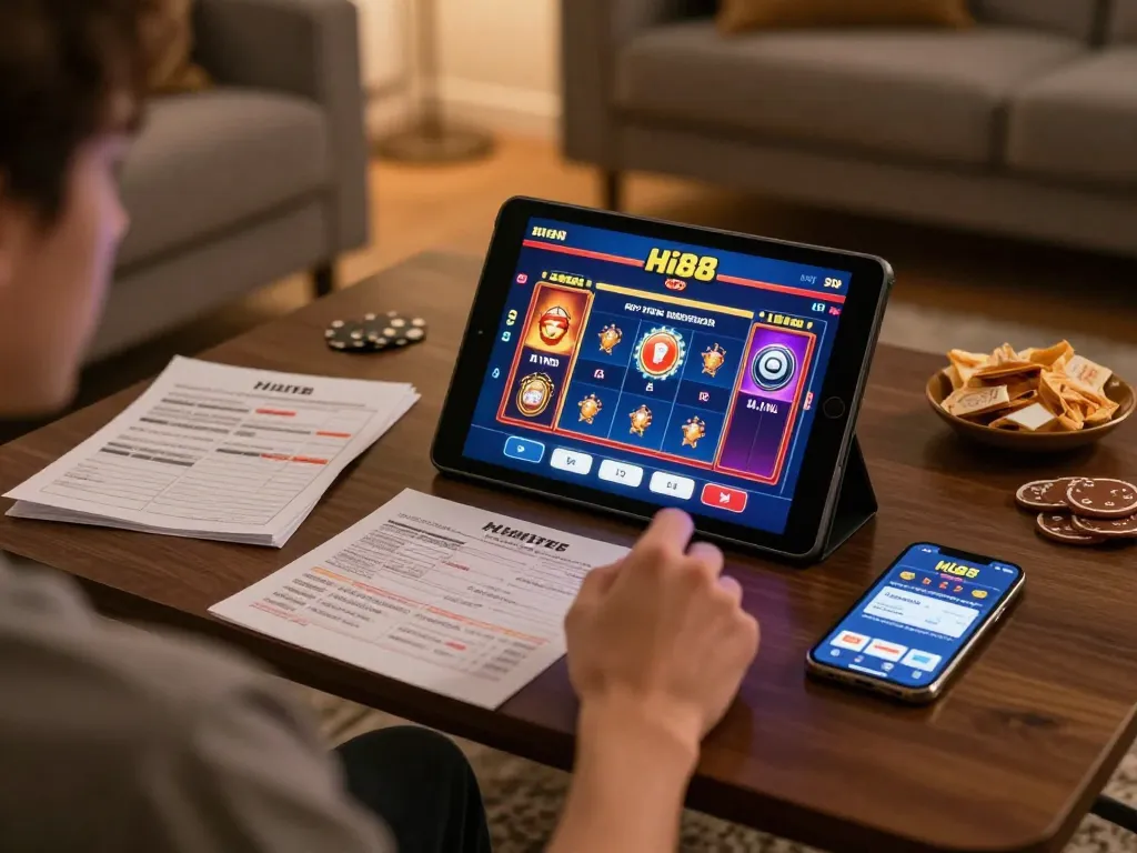 Engaging in online gaming with hi88 on a tablet, cozy setting highlighting strategic gameplay.