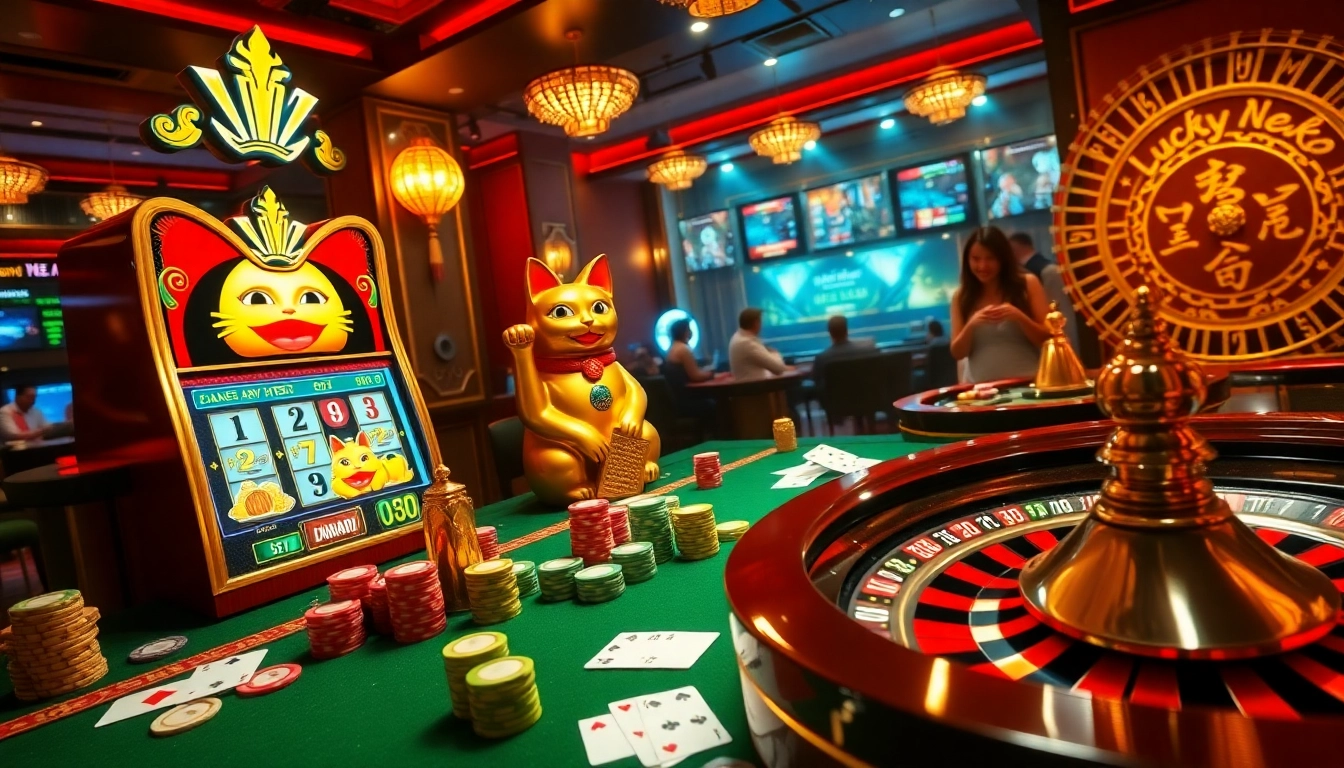 Lucky Neko slot machine garners excitement as players place bets at a luxurious casino table.