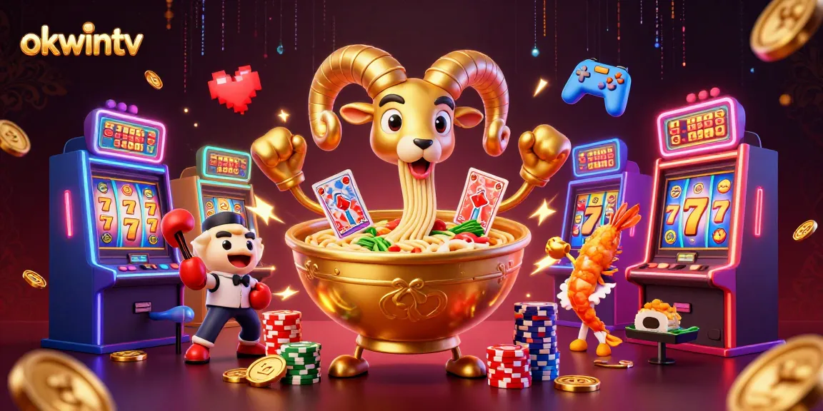 Experience the excitement of okwintv with a vibrant 3D rendering of animated casino characters engaging in card games and slot machines.