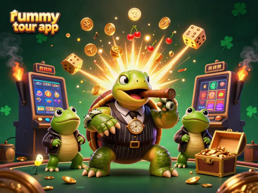 Gambarkan aplikasi rummy tour dengan karakter unik dan elemen perjudian yang menarik.