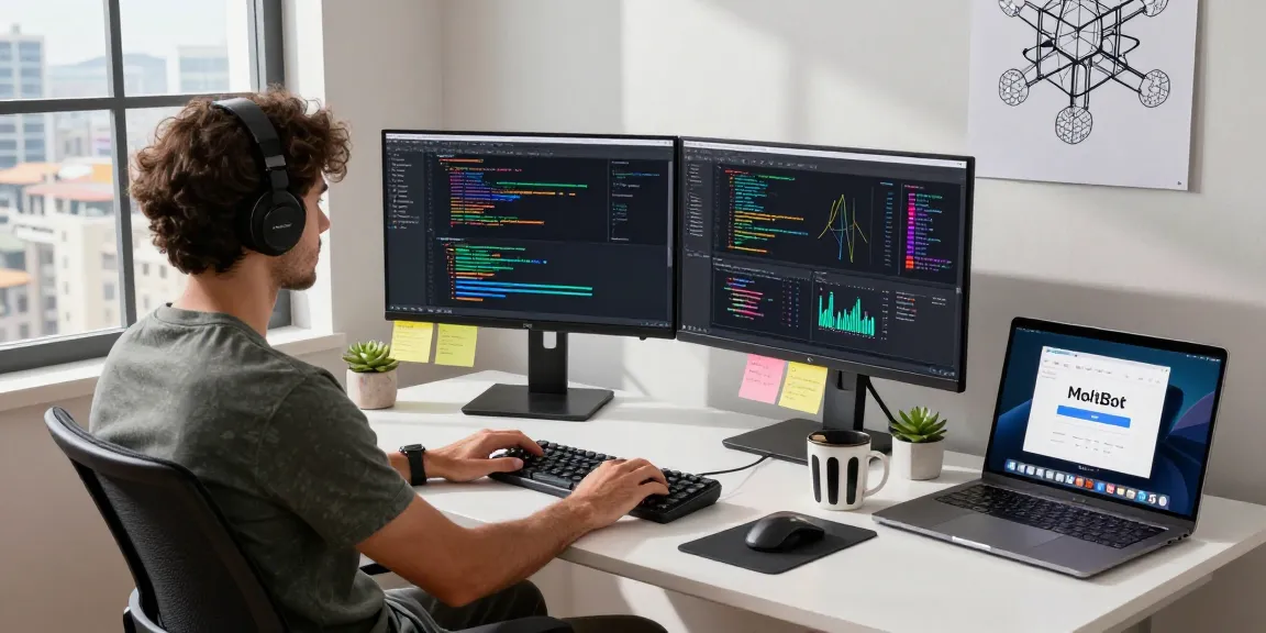 MoltBot coding scene in a modern tech workspace with dual monitors showing vibrant code and app interface, bright natural light.
