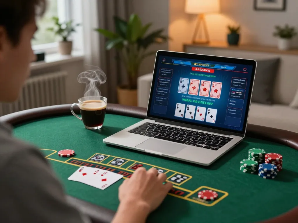 Engage in strategic blackjack at 388bet from the comfort of home, with vibrant laptop interface and cozy decor.