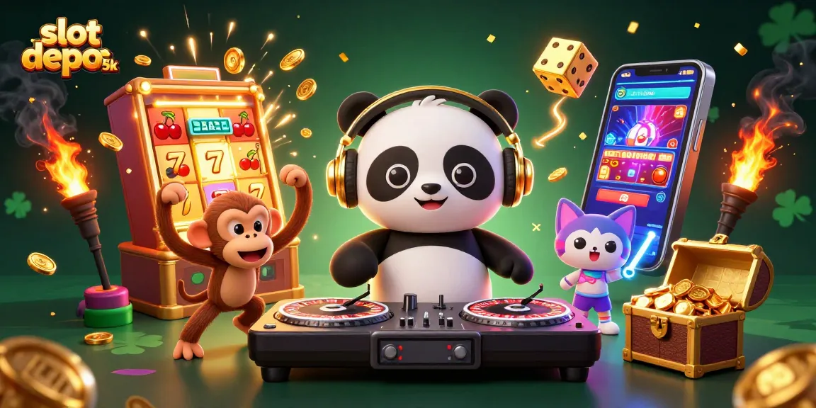 Menangkan jackpot dengan slot depo 5k dalam ilustrasi kasino yang dinamis dan berwarna-warni.