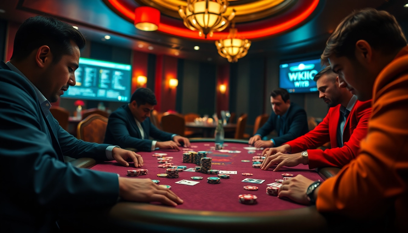 A captivating poker scene showcasing the hidden wiki dark web influences in a luxurious casino setting, rich with strategy and excitement.