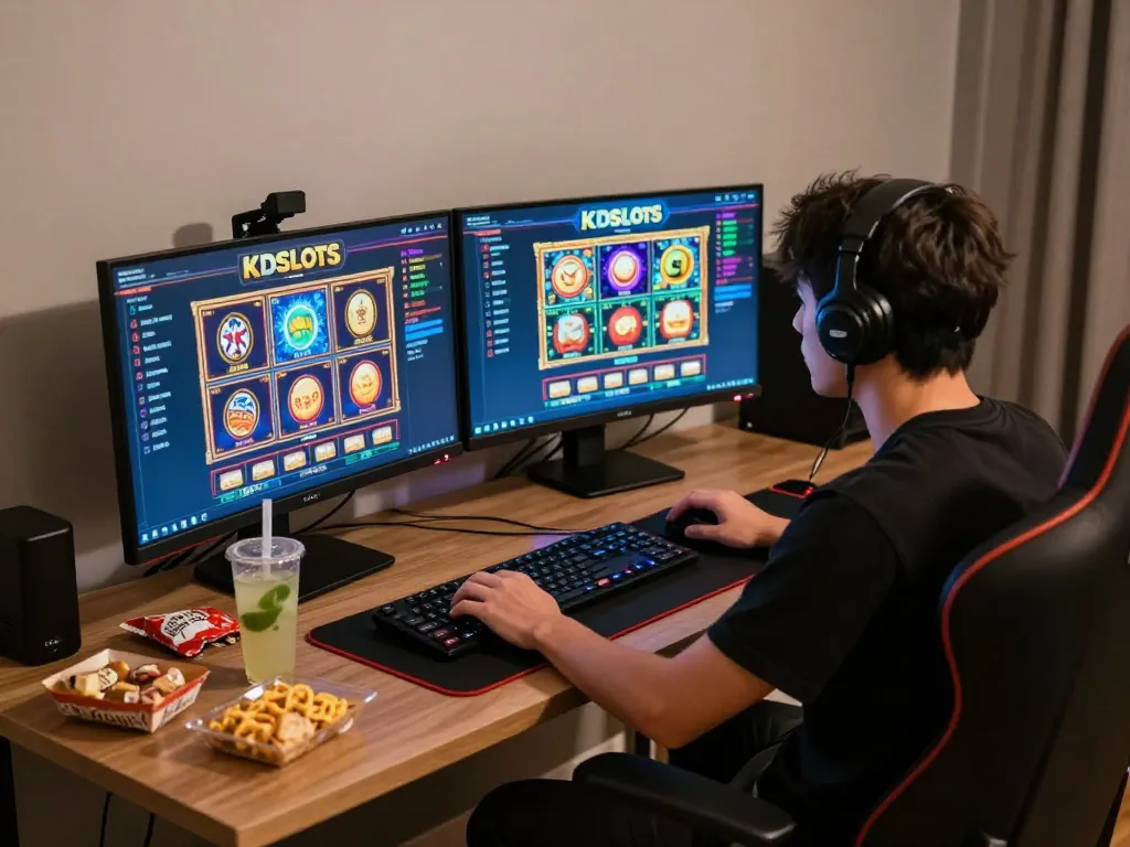 Gamer engaging with KDSLOT platform on dual monitors showcasing exciting slot games.