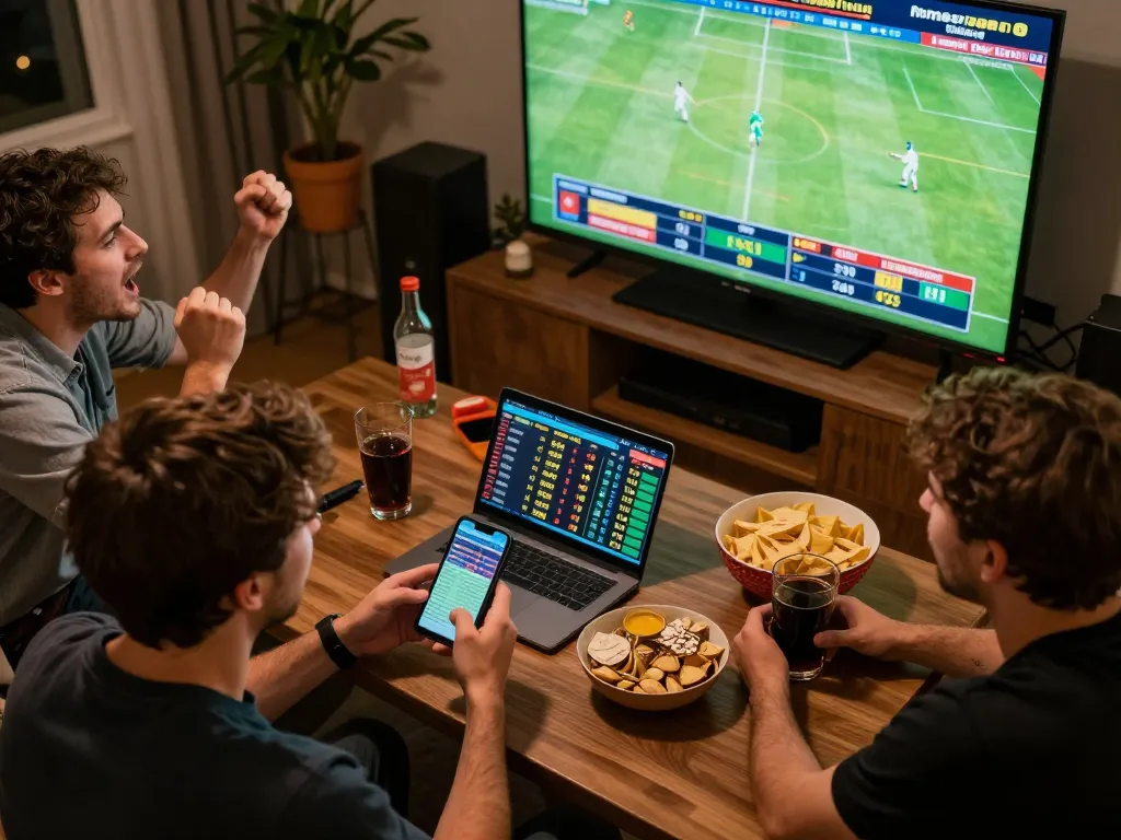 Engaged sports fans analyzing kèo nhà cái odds on smartphone while watching live football match.