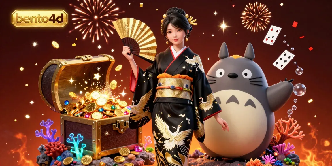 bento4d merayakan kemenangan dengan seorang wanita Asia dan tanuki bijak di pemandangan kasino yang penuh warna dengan harta karun.