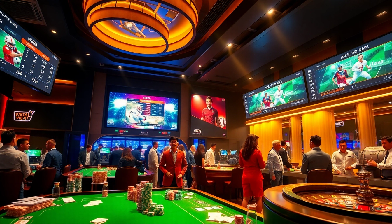 Agen Judi Bola sports betting scene featuring vibrant displays and enthusiastic gamblers.