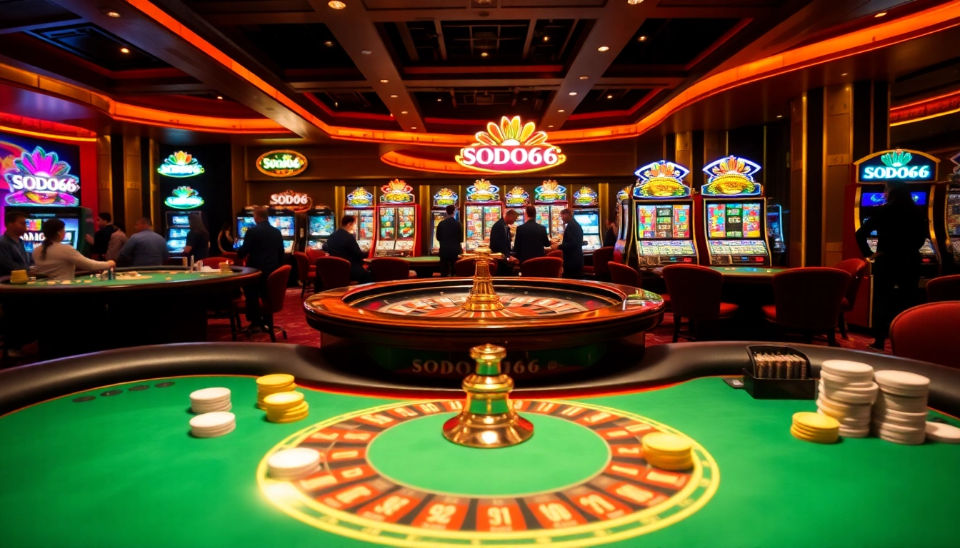 SODO66 gaming scene with poker tables, roulette, and slot machines showcasing exciting gambling moments.