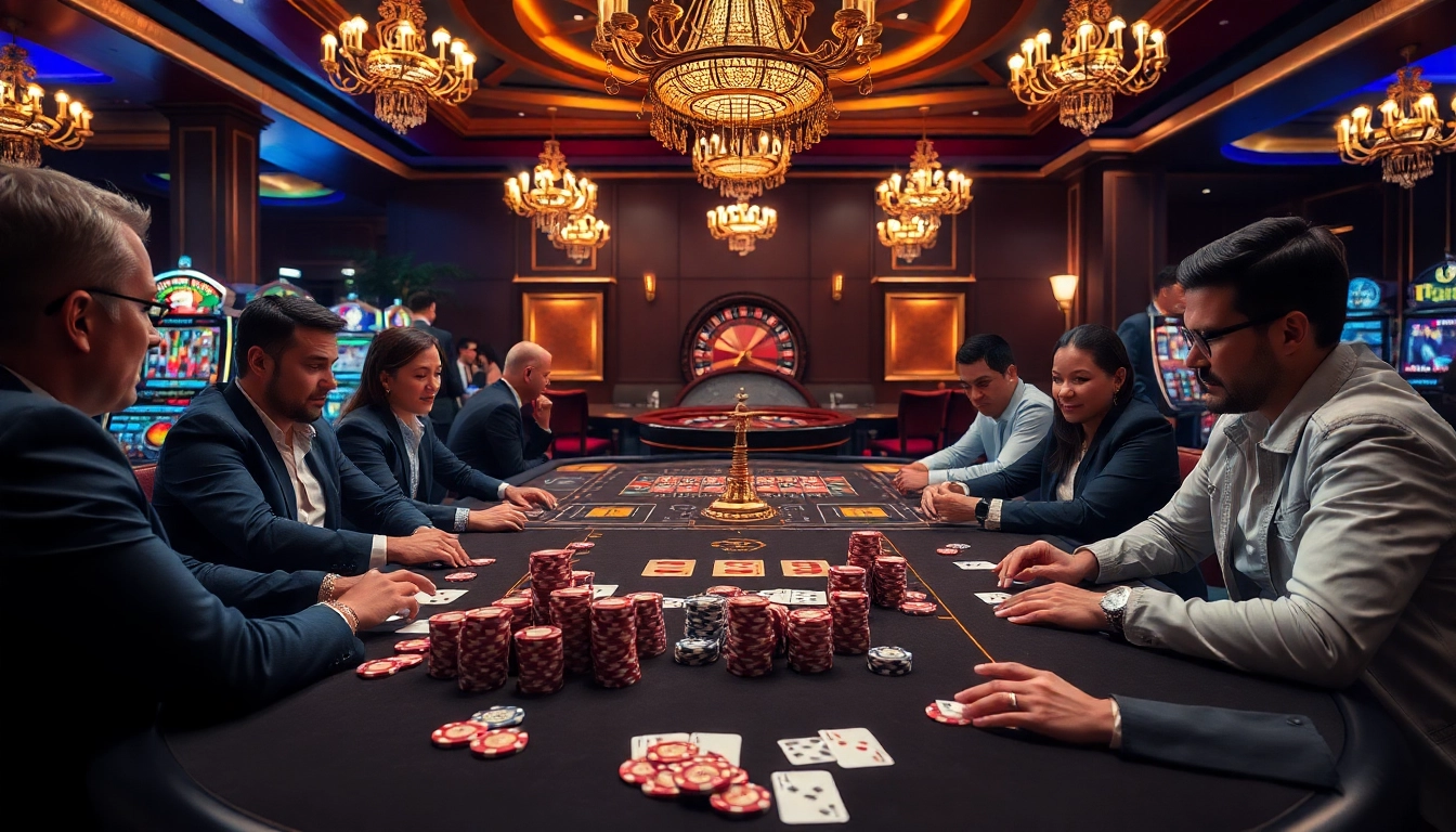 Engaging gamblers at a premium casino table featuring rr99 poker chips and vibrant slot machines.