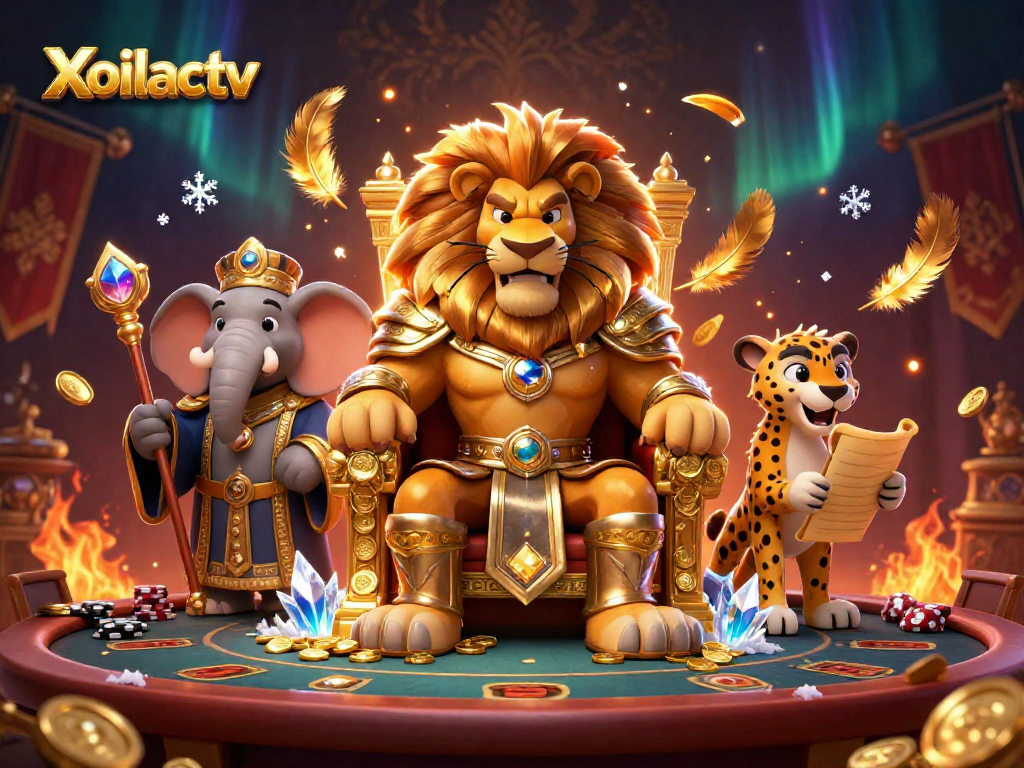 Xoilactv showcases a fierce lion king, an elephant advisor, and a cheetah messenger amidst a vibrant casino scene.