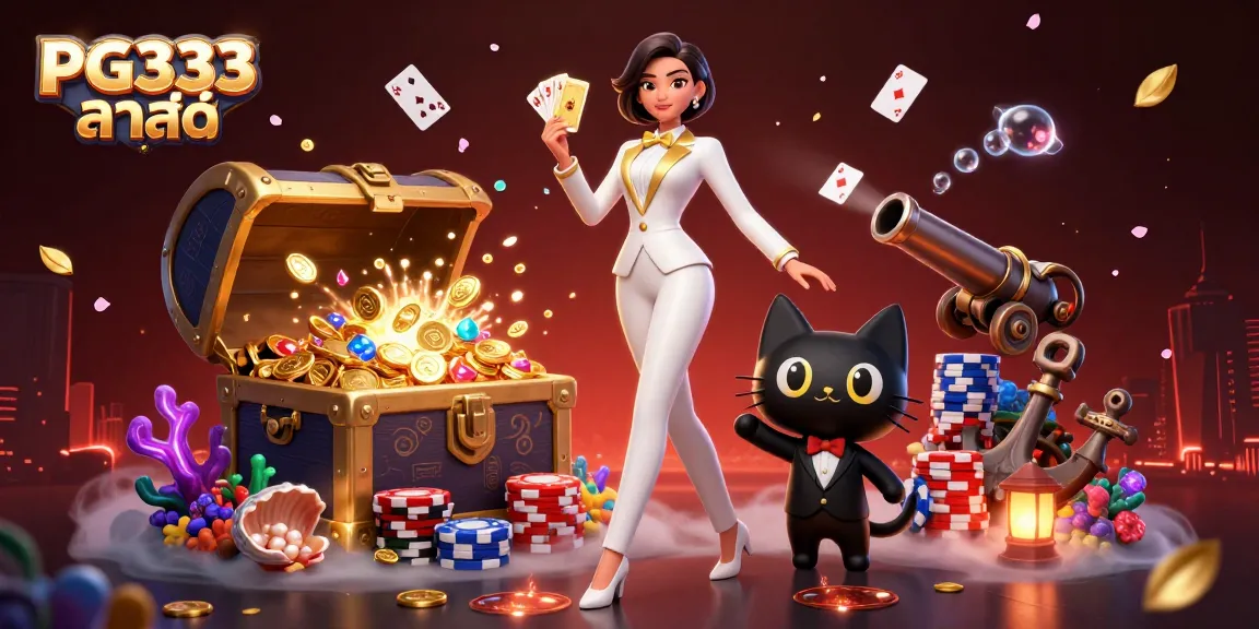 Engage with PG333 ล่าสุด as a glamorous dealer showcases cards and poker chips amidst vibrant casino elements.