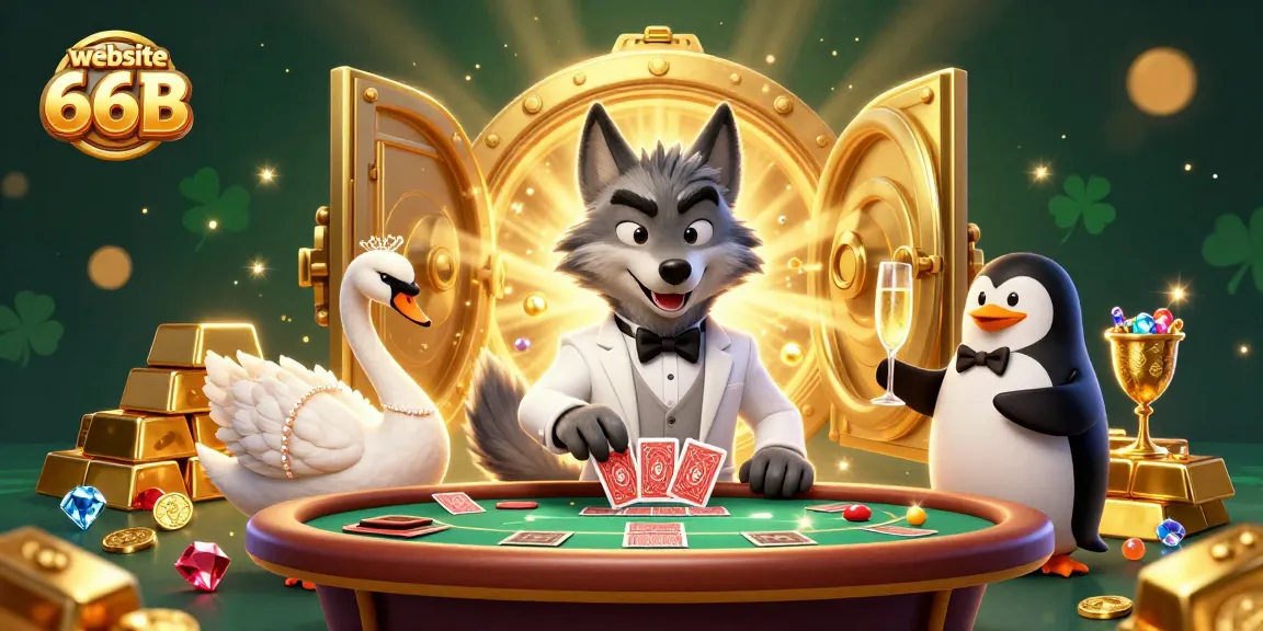 Experience the excitement of website 66B with a vibrant poker scene featuring a debonair wolf and elegant swan.