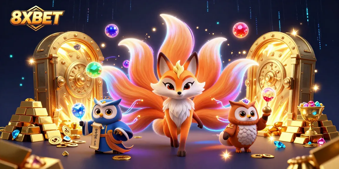 Spin winning jackpots with 8XBET in a vibrant, magical casino scene featuring a nine-tailed fox and treasures.