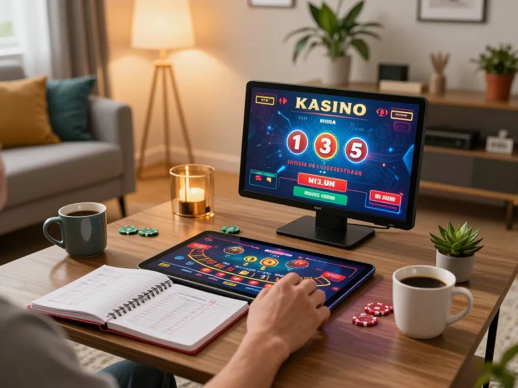 Engaging scene of a person playing a live Kasino game on tablet, showcasing Baccarat gameplay in a cozy living room.