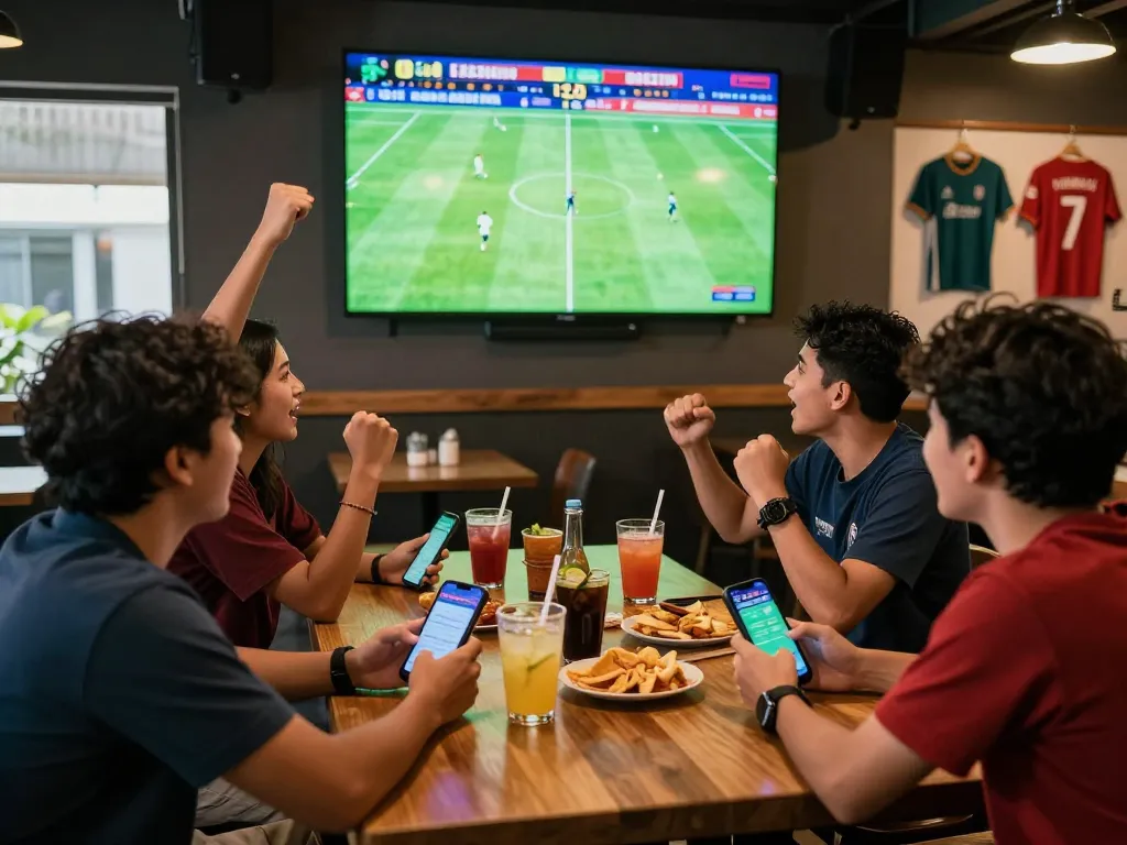 Friends enjoying Judi Bola betting experience in lively sports bar.