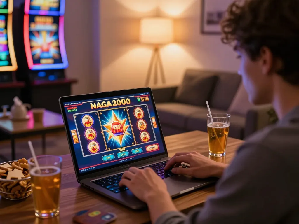 NAGA2000 player engaging with online slots in a cozy living room, emphasizing exciting gameplay.