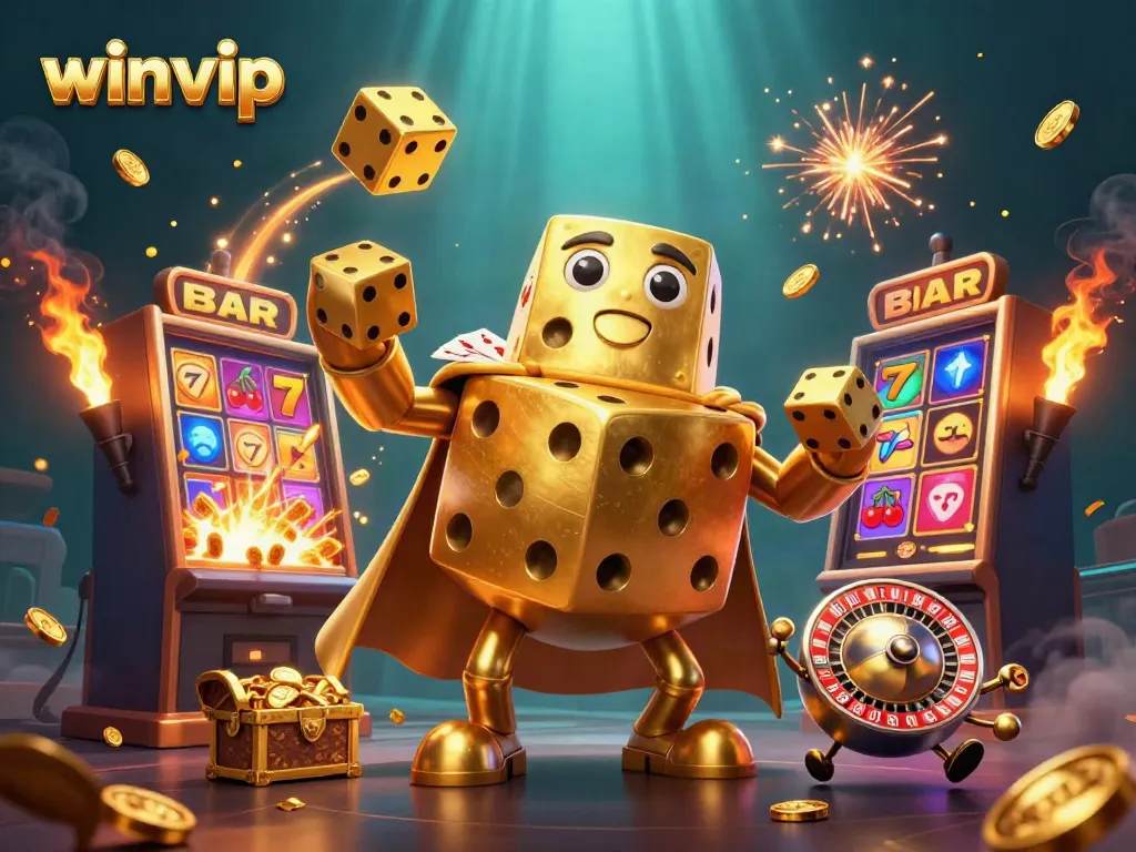 Winvip jackpot scene with golden dice and vibrant casino elements bursting with energy