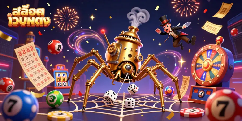 Engage with สล็อตเว็บตรง in this vibrant 3D illustration featuring a golden spider web, colorful lottery elements, and a fly gentleman.