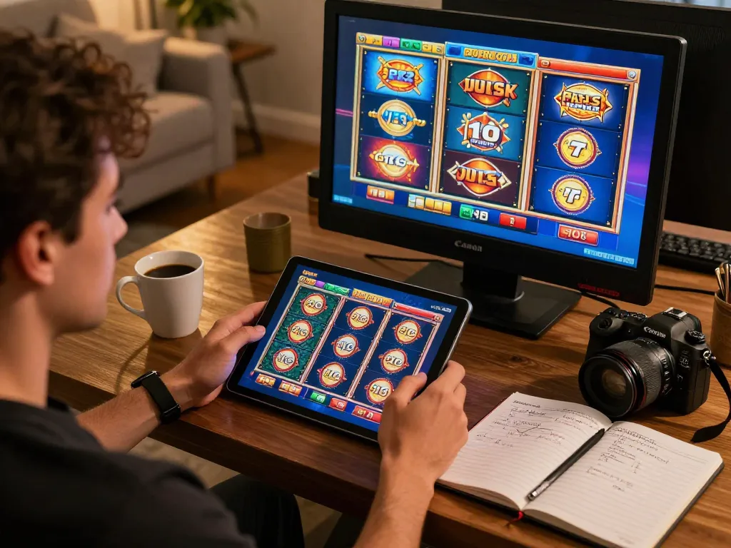 Player enjoying slot pulsa games on a tablet in a cozy home setting, showcasing an exciting online gaming atmosphere.