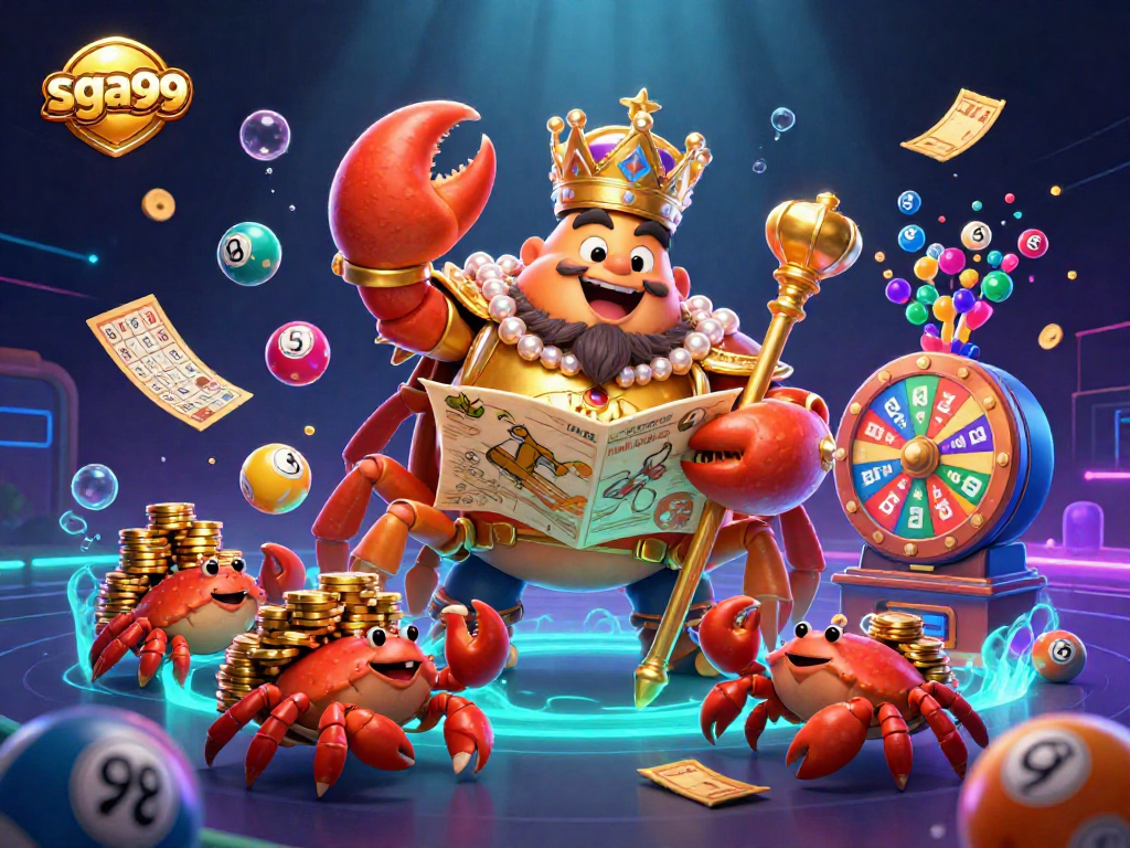 Engage with sga99 through a vibrant 3D casino scene featuring a golden crab emperor and dynamic gambling elements.