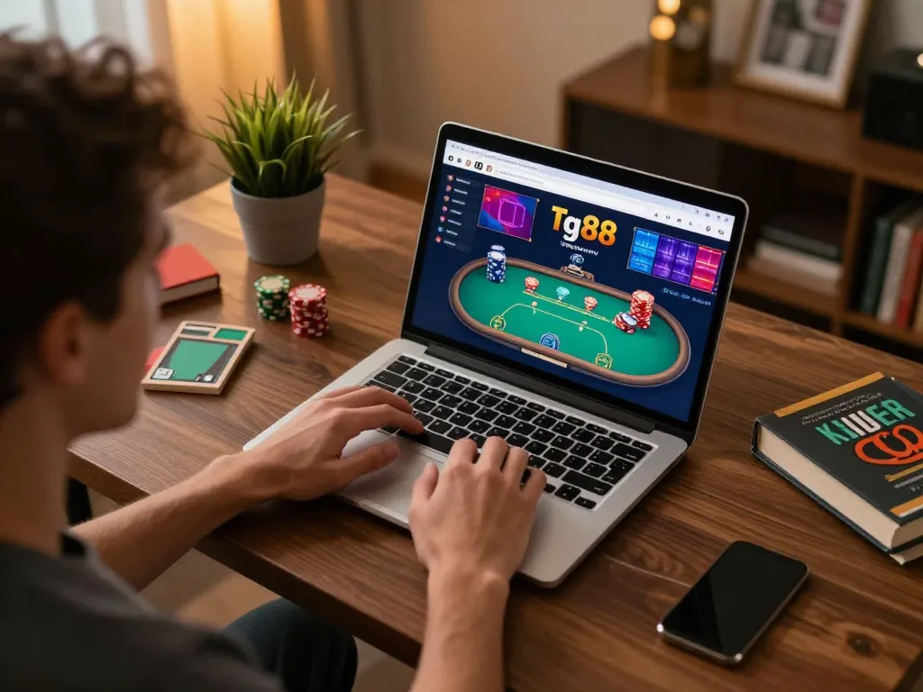 Engaging with tg88 online casino platform, showcasing a player’s strategic poker session at home.
