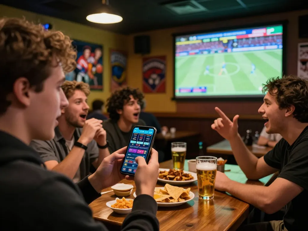 Bangsawan88 users engage with sports betting excitement through smartphone app in a lively setting.