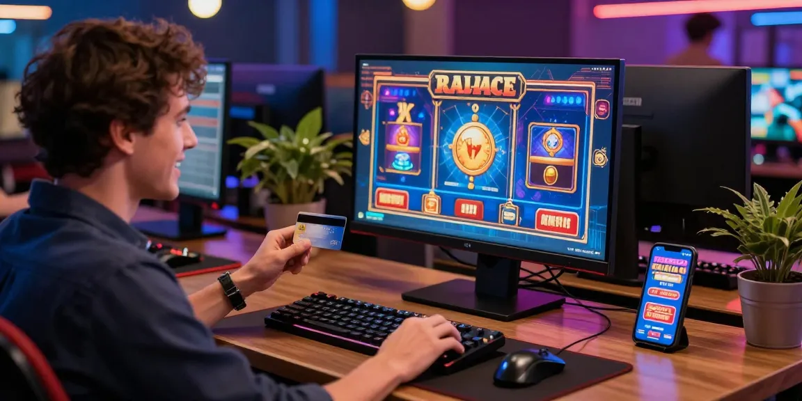 Excited player engaging with credit card casinos at a vibrant online gaming setup.