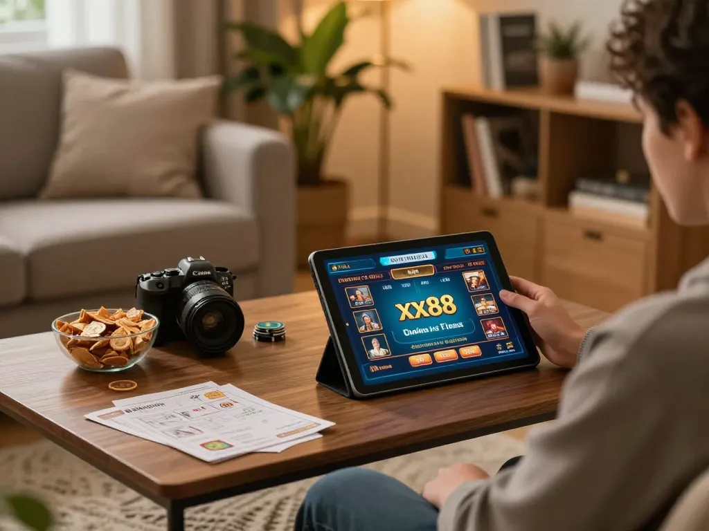 Engaged player at home using xx88 online casino app in a cozy living room.