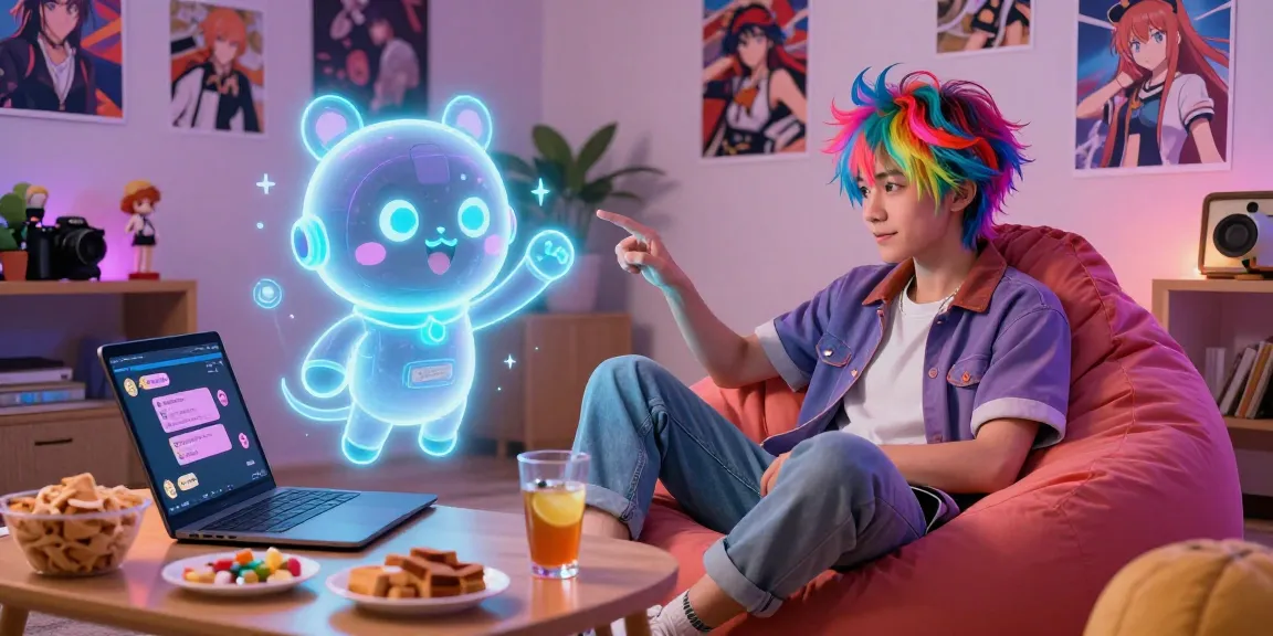 Engaging AI hentai chat interaction with user and holographic character in a cozy anime-inspired setting.