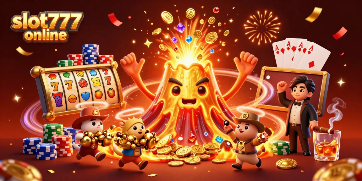 Engage with thrilling slot777 online gameplay featuring vibrant golden volcano and treasure.