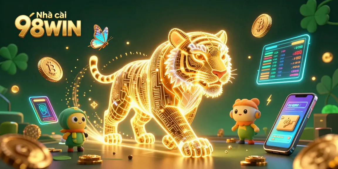 Experience the excitement at Nhà cái 98WIN with a glowing casino landscape, tiger character and vibrant digital elements.
