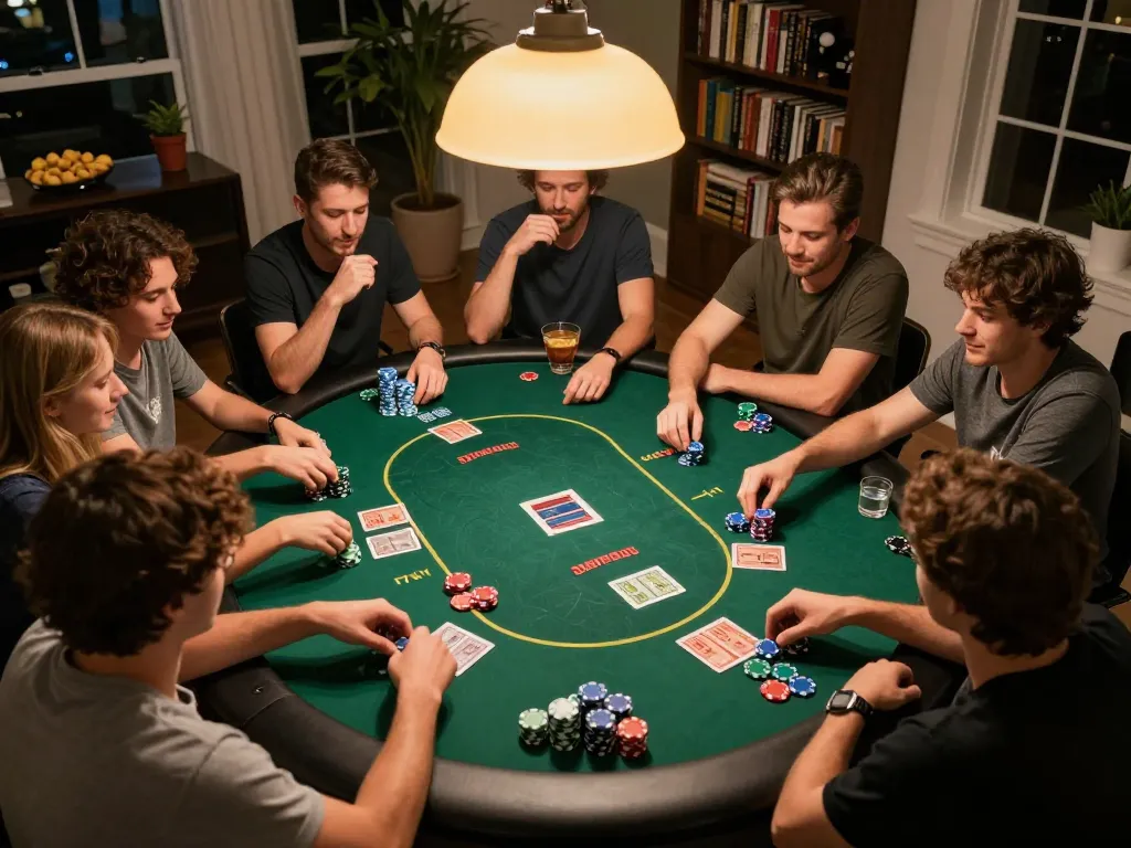 Friends playing poker at home during game night showcasing a lively atmosphere at 888newcasino
