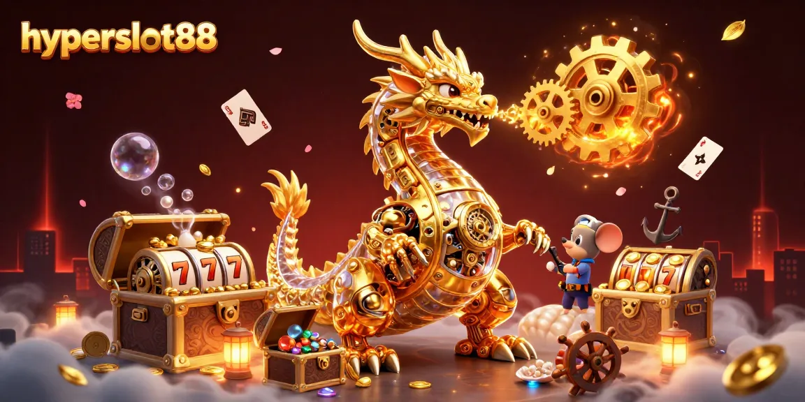 Experience the winning thrill of hyperslot88 with a vibrant 3D casino illustration featuring dynamic gameplay elements.