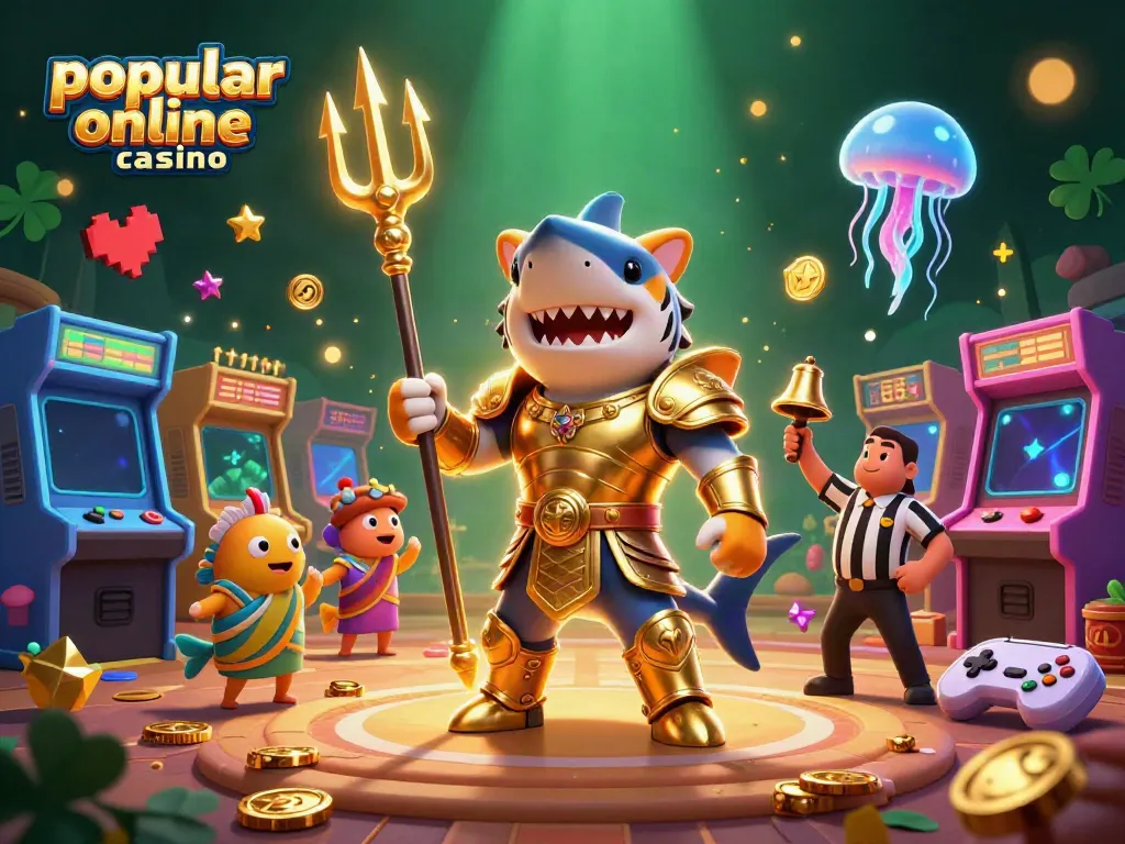 Engaging scene depicting the thrilling atmosphere of a popular online casino with a cartoon tiger shark and arcade elements.