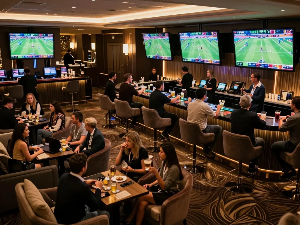 Nowgoal sports betting lounge with live match screens and enthusiastic bettors analyzing odds